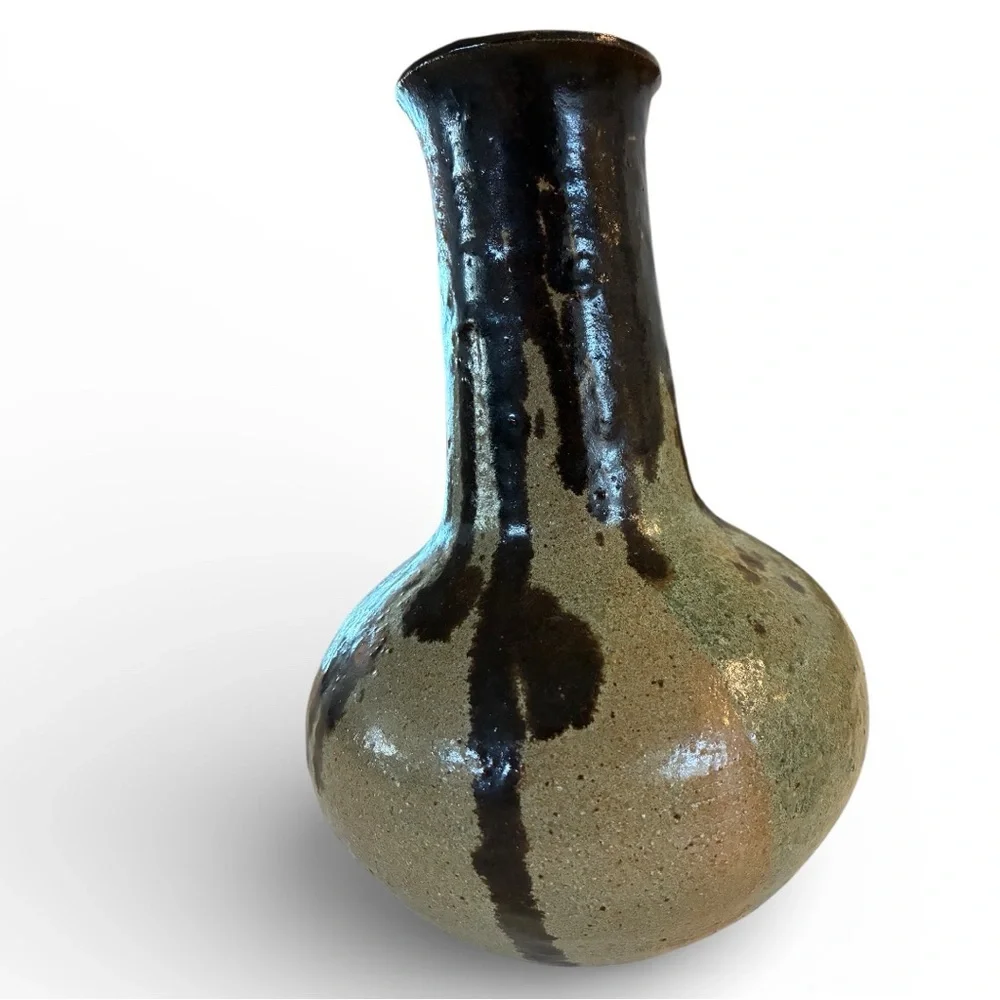 Ceramic Vase Vtg Brown Green Tan Drip Glaze Very Heavy 4.6LBS No Flaws Felt Feet